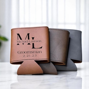 Personalized Leatherette Can Cooler: Engraved Groomsmen Gift