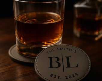 Personalized Leather Coasters for Whiskey Lovers, Engraved Bar Coaster Set, Custom Bourbon Gift