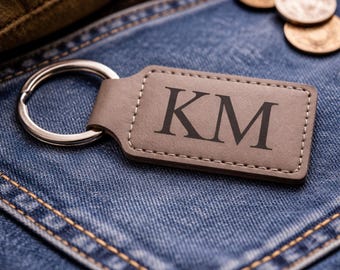 Keychain, Custom Initial Keychain for Men, Engraved Leather Key Fob, Groomsmen Gift, Anniversary Gift