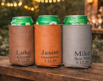 Groomsmen Can Cooler Gift | Engraved Leather Beer Holder for Groomsmen & Best Man | Personalized Wedding Party Favor