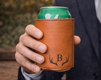 Can Cooler – Custom Monogram Engraved Beverage Holder with Antler Design