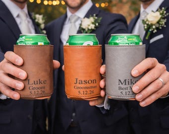 Personalized Groomsmen Can Cooler – Custom Leather Beer Holder – Wedding Party Gift – Engraved Name & Date – Groom Best Man Gift