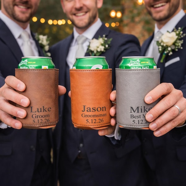 Personalized Groomsmen Can Cooler – Custom Leather Beer Holder – Wedding Party Gift – Engraved Name & Date – Groom Best Man Gift
