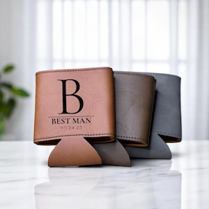 Personalized Leather Can Cooler: Groomsmen Gift, Wedding Date