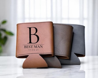 Personalized Leather Can Cooler: Groomsmen Gift, Wedding Date