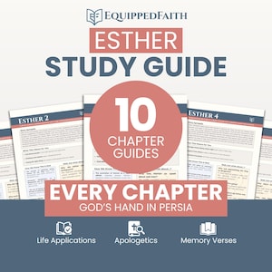 May include: An 'Esther Study Guide' with the text "10 Chapter Guides" and "Every Chapter God's Hand in Persia." The guide features icons for Life Applications, Apologetics, and Memory Verses. The title is in a bold, sans-serif font.