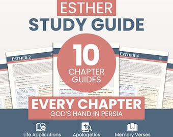 Puede incluir: Una guía de estudio de Esther con el texto "Esther Study Guide" y "10 Chapter Guides". La guía incluye el texto "Every Chapter God's Hand in Persia" e iconos para Aplicaciones de la vida, Apologética y Versículos de memoria.