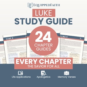 May include: A study guide for the book of Luke, featuring the text "LUKE STUDY GUIDE" at the top. The guide includes 24 chapter guides, with the text "EVERY CHAPTER THE SAVIOR FOR ALL". The guide also includes "Life Applications", "Apologetics", and "Memory Verses".