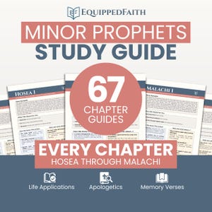 Puede incluir: Una guía de estudio titulada "Minor Prophets Study Guide" con el logotipo de Equipped Faith. La guía incluye 67 guías de capítulos, que cubren Oseas a Malaquías. El diseño presenta un círculo rojo con texto blanco y varias páginas con texto.