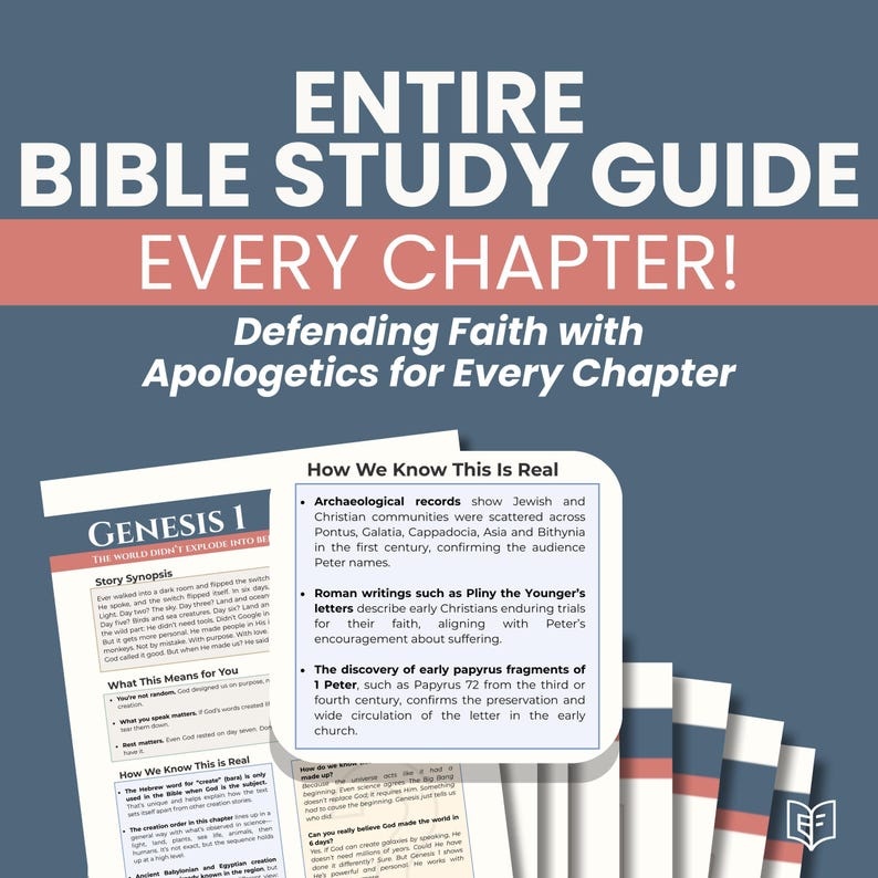 Full Bible Study Guide Printable or Digital Curriculum, Every Chapter, Christian Devotional with Apologetics Insights