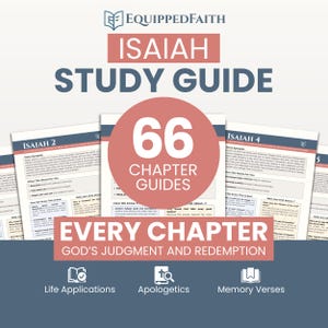 May include: A study guide for Isaiah with the text "Isaiah Study Guide" at the top. A large red circle in the center reads "66 Chapter Guides". Below, the text reads "Every Chapter God's Judgment and Redemption".