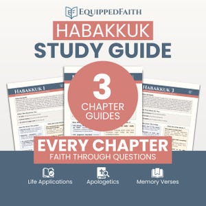 May include: A Habakkuk study guide with the title "Habakkuk Study Guide". The guide features three chapter guides, with the text "Every Chapter Faith Through Questions" below. Icons for Life Applications, Apologetics, and Memory Verses are at the bottom.