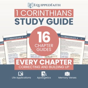 May include: A study guide for 1 Corinthians with the text "1 Corinthians Study Guide" at the top. The guide includes 16 chapter guides, with the words "Every Chapter Correcting and Building Up" at the bottom. The guide also includes sections on Life Applications, Apologetics, and Memory Verses.