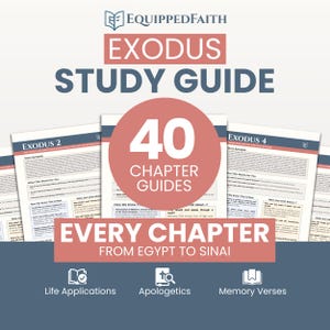 May include: A study guide for Exodus with the text "Equipped Faith Exodus Study Guide." The image features a red circle with "40 Chapter Guides" and the text "Every Chapter From Egypt to Sinai." Additional text includes "Life Applications," "Apologetics," and "Memory Verses."