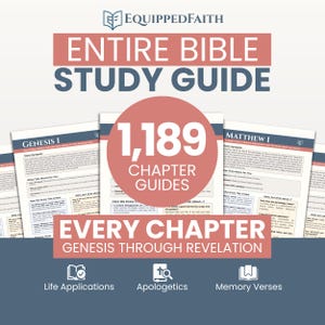 Op de afbeelding: Een studiehandleiding met de tekst "Entire Bible Study Guide" en "1.189 Chapter Guides". De handleiding bevat secties over Levens Toepassingen, Apologetiek en Geheugenverzen. De handleiding behandelt Genesis tot Openbaring.