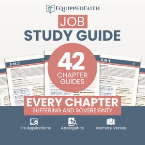 May include: A study guide titled "Job Study Guide" with the Equipped Faith logo. The guide features 42 chapter guides, with the text "Every Chapter Suffering and Sovereignty." Icons for Life Applications, Apologetics, and Memory Verses are also included.