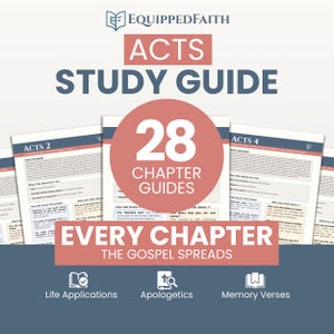 May include: A study guide for the book of Acts, featuring a red circle with "28 Chapter Guides" and the text "Every Chapter The Gospel Spreads." The guide includes sections on Life Applications, Apologetics, and Memory Verses.