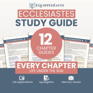 May include: A study guide for the book of Ecclesiastes, featuring the text "Ecclesiastes Study Guide" at the top. The guide includes 12 chapter guides, with the text "Every Chapter Life Under The Sun". The guide also includes sections on Life Applications, Apologetics, and Memory Verses.