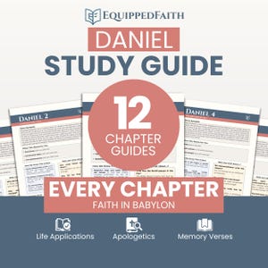 May include: A study guide titled "Daniel" with the text "Study Guide" in large blue letters. The guide includes 12 chapter guides and the phrase "Every Chapter Faith in Babylon". The guide also includes icons for life applications, apologetics, and memory verses.