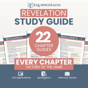 May include: A study guide for the Book of Revelation. The cover features the text "Revelation Study Guide" and "22 Chapter Guides." The guide includes sections on life applications, apologetics, and memory verses. The color scheme is primarily white, red, and blue.