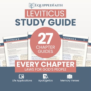 May include: A study guide for Leviticus with the text "Leviticus Study Guide" at the top. The guide includes 27 chapter guides, with the text "Every Chapter Laws for God's People" at the bottom. Icons for Life Applications, Apologetics, and Memory Verses are also present.