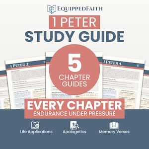 May include: A study guide for 1 Peter with the text "Study Guide" in blue. The guide includes 5 chapter guides and the text "Every Chapter Endurance Under Pressure". Icons for Life Applications, Apologetics, and Memory Verses are also present.