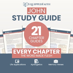Puede incluir: Una guía de estudio titulada "John" con el logotipo de Equipped Faith. La guía presenta 21 guías de capítulos, con el texto "Every Chapter The Word Made Flesh". También hay iconos para Aplicaciones de la vida, Apologética y Versículos de memoria.