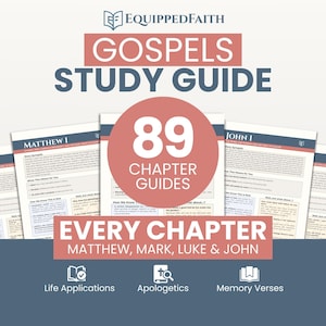 May include: A study guide titled "Gospels Study Guide" with the Equipped Faith logo. The guide features 89 chapter guides for Matthew, Mark, Luke, and John. The design includes a red circle with the number 89 and the words "Chapter Guides".