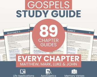May include: A study guide titled "Gospels Study Guide" with the Equipped Faith logo. The guide features 89 chapter guides for Matthew, Mark, Luke, and John. The design includes a red circle with the number 89 and the words "Chapter Guides".
