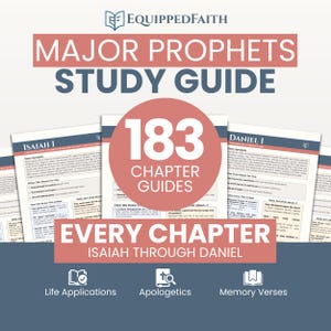 May include: A study guide titled "Major Prophets Study Guide" with the text "183 Chapter Guides" in a circular design. The guide covers every chapter from Isaiah through Daniel, with icons for life applications, apologetics, and memory verses.