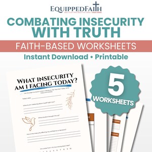Op de afbeelding: Geloofsgebaseerde werkbladen met de tekst "COMBATING INSECURITY WITH TRUTH". De werkbladen bevatten vragen als "Welke onzekerheid heb ik vandaag?" en "Hoe sterk voelt het?" Een turquoise badge leest "5 WERKBLADEN".