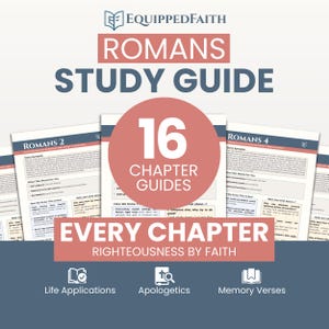 May include: A study guide for the book of Romans, featuring the text "Romans Study Guide" at the top. The guide includes 16 chapter guides, with the phrase "Every Chapter Righteousness by Faith" at the bottom. Icons for Life Applications, Apologetics, and Memory Verses are also present.
