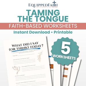 May include: An image promoting faith-based worksheets. The text reads "Taming the Tongue" and "Faith-Based Worksheets." A worksheet titled "What Did I Say (Or Think) Today?" is visible, alongside a badge that says "5 Worksheets."