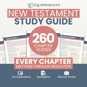 May include: A New Testament Study Guide with the text "260 Chapter Guides" in a red circle. The guide covers every chapter from Matthew to Revelation. The image also includes icons for Life Applications, Apologetics, and Memory Verses.