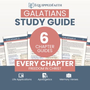 May include: A study guide for Galatians with the text "Galatians Study Guide" and "Every Chapter Freedom in Christ". The guide includes 6 chapter guides and sections on life applications, apologetics, and memory verses. The color scheme is primarily red, white, and blue.