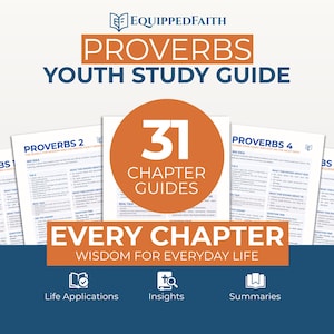 Könnte beinhalten: Ein Jugend-Studienführer mit dem Titel "Sprüche Jugend-Studienführer". Das Cover zeigt das Equipped Faith-Logo mit den Wörtern "Sprüche" und "Jugend-Studienführer" in Orange und Blau. Der Führer enthält 31 Kapitel-Guides und konzentriert sich auf Weisheit.