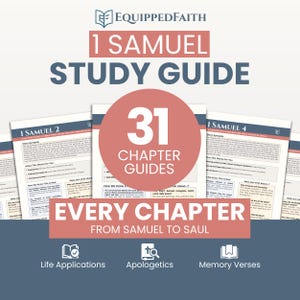 May include: A study guide for the book of 1 Samuel, featuring 31 chapter guides. The design includes the text "1 Samuel Study Guide" and "Every Chapter From Samuel to Saul". The guide also includes sections on life applications, apologetics, and memory verses.