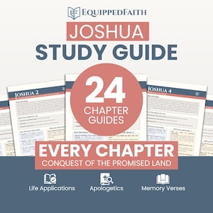 May include: A study guide for Joshua, featuring a red circle with "24 Chapter Guides." The title "Joshua Study Guide" is displayed above the circle. The guide includes sections on life applications, apologetics, and memory verses.