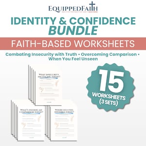 May include: A bundle of faith-based worksheets titled "Identity & Confidence Bundle". The image features 15 worksheets in 3 sets, with titles like "What Insecurity Am I Facing Today?" and "Where Do I Feel Invisible Today?" The worksheets are white with light brown graphics.