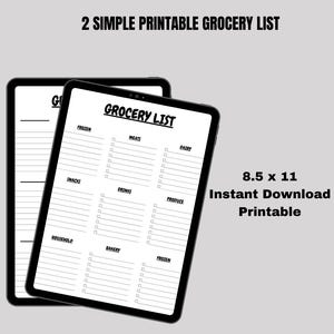 Op de afbeelding: Twee digitale tablets met een afdrukbare boodschappenlijst. De lijst is onderverdeeld in categorieën zoals diepvries, snacks, vlees en zuivel. De tekst "2 Simple Printable Grocery List" staat bovenaan. Formaat 21,6 x 27,9 cm. Direct downloaden.