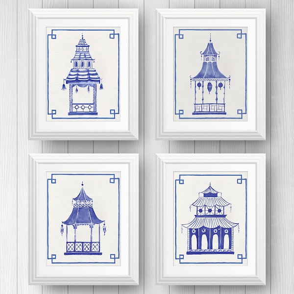Preppy Art, Blue Pagodas, Blue and White Decor, Pagoda Painting, Chinoiserie Art, Chinese Lantern, Asian Pagoda Art, Palm Beach Style