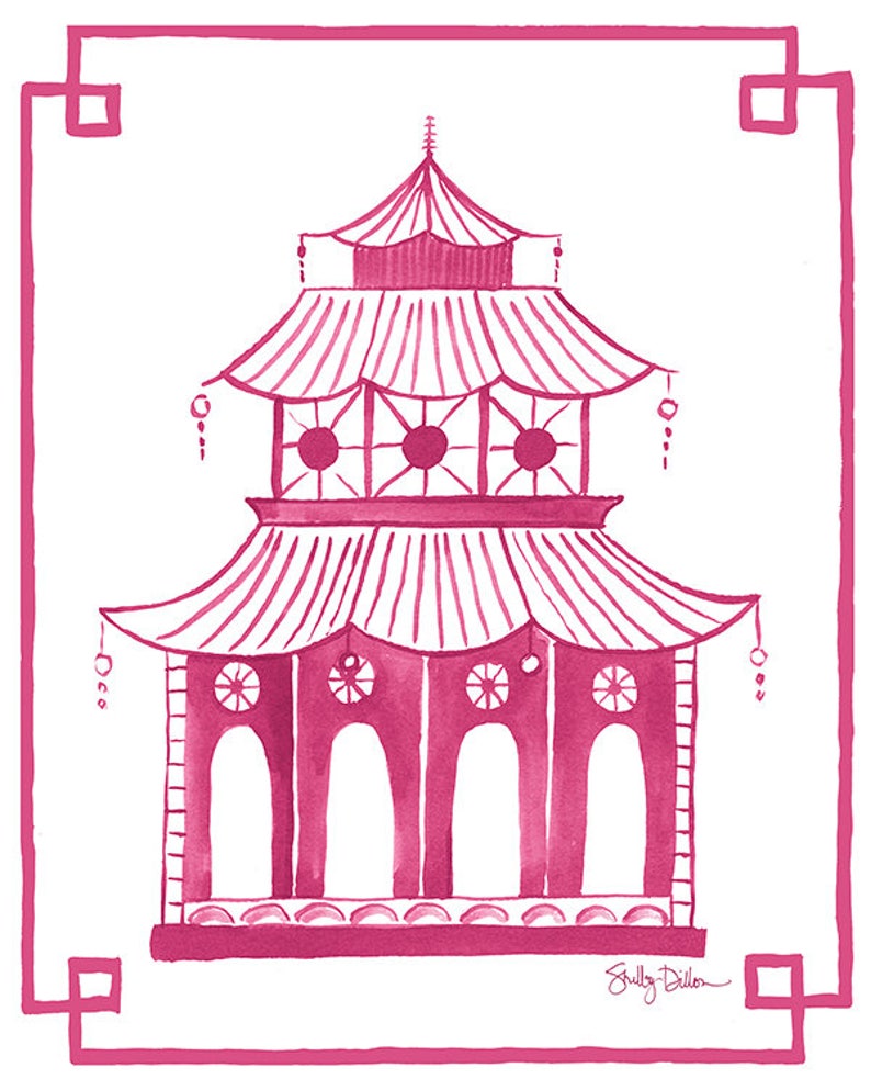 Pink Chinoiserie Print Pagoda Decor Pagoda Wall Print Pink Etsy