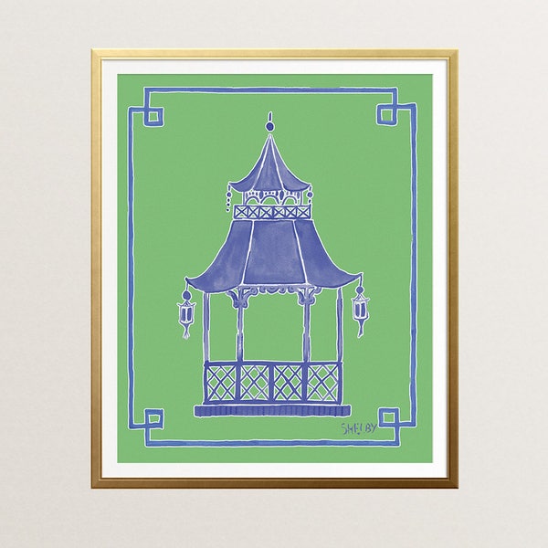 Blue Pagoda Art, Preppy Wall Decor, Chinoiserie Pagoda, Green Pagoda Painting, Palm Beach, Hollywood Regency, Green Pagoda Art