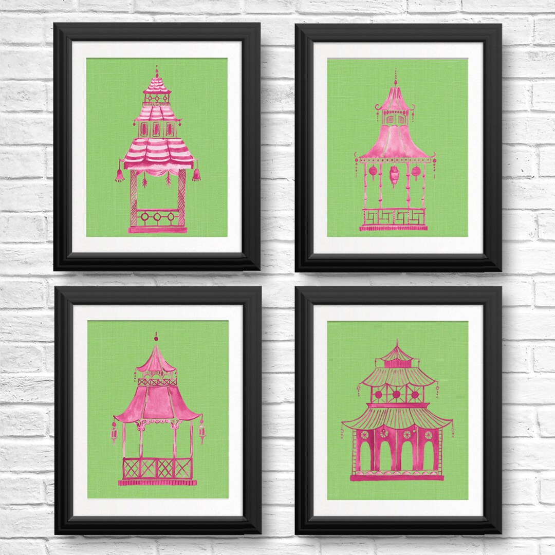 Chinoiserie Prints Chinoiserie Wall Art Pink Pagoda Print Etsy
