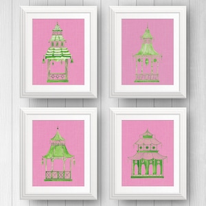 Chinoiserie Prints, Pink Pagoda Print, Pagoda Wall Art, Hollywood Regency, Green Pagoda,  Chinese Lantern,  Eastern Asian Art, Palm Beach