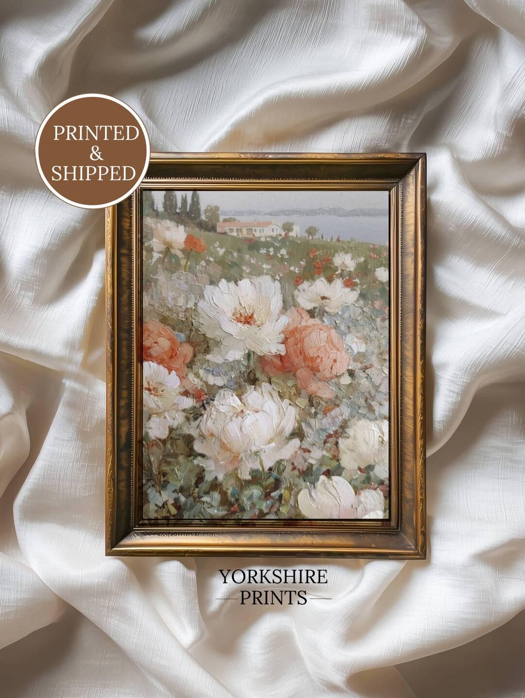 Vintage Peony Meadow Wall Art Print, Cottagecore Floral Landscape ...