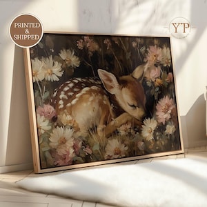 Sleeping Baby Deer Floral Wall Art Print, Moody Woodland Fawn Cottagecore Nursery Decor
