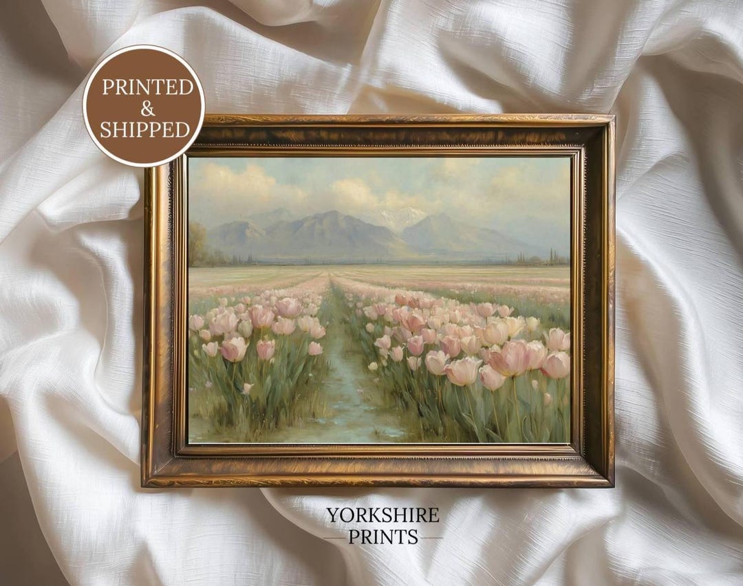Blush Tulip Field Wall Art, Mountain Landscape Decor, Spring Floral ...