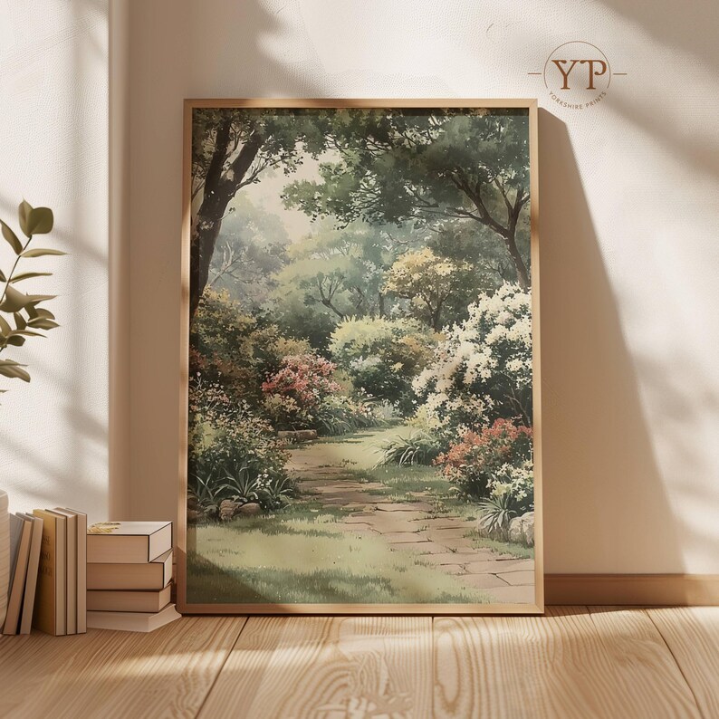 Spring Garden Wall Art Print, Cottage Floral Path Painting, Romantic ...