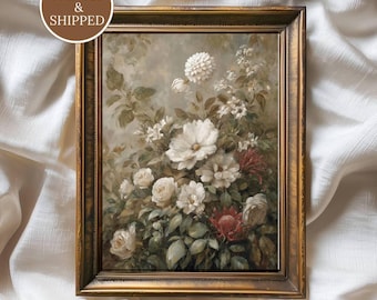 Lámina decorativa floral vintage para pared, pintura de flores blancas de jardín, decoración estilo cottagecore.